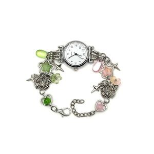 Wicked Inspired Pink & Green Beaded Charm Watch Bracelet w/ Lobster Claw Closure